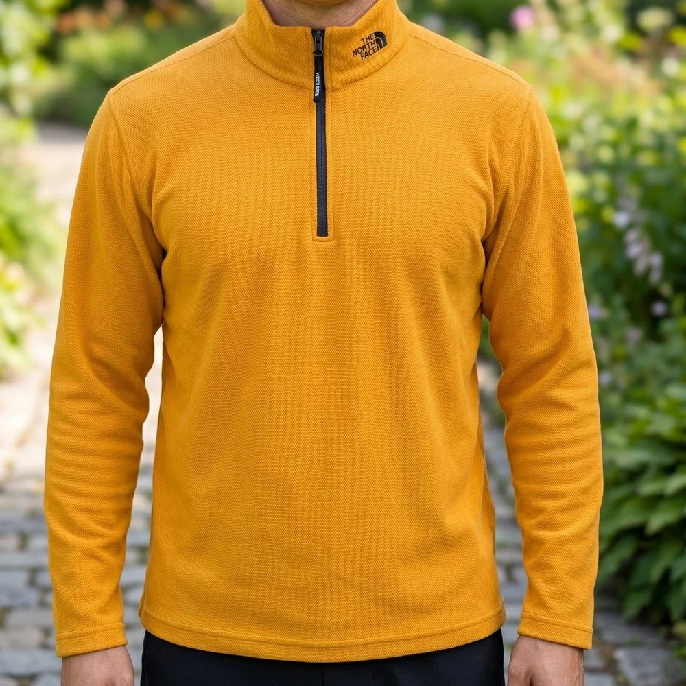 The North Face Mens Yellow 1/4 Zip Fleece‎ Pullover Textured Waffle Knit Top